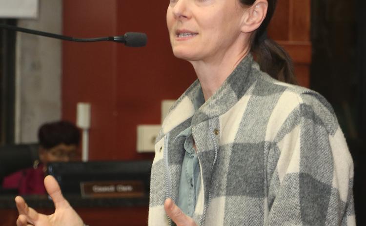 Kimberly Culotta, of the Atchafayala Basinkeepers speaks at the Feb. 19 St. Landry Parish Council meeting. (Photo Harlan Kirgan)