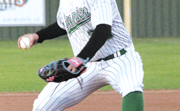 Eunice pitcher Aiden Lejeune fires in a pitch in Eunice’s 10-1 win over Mamou. The junior was solid in his win, going three innings. (Photo by Rhett Manuel)