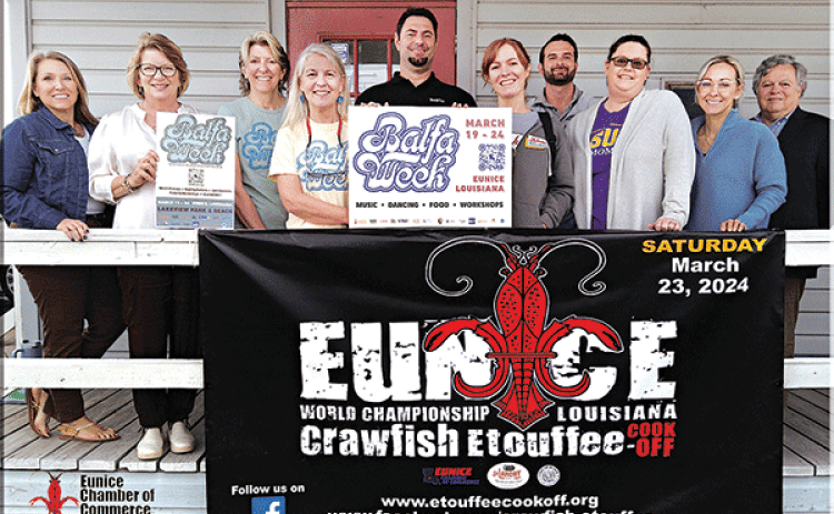 From left, are Deborah Eckholdt, Eunice Chamber Board member;  Susan Vigee, Eunice Chamber Board member; Jean Johnson, Louisiana Folk Roots treasurer;  Jeanne Solis, executive director Louisiana Folk Roots;  Jacob Bergeron, Eunice Chamber Board member; Bonnie Kyzar, Eunice Chamber Board member;  Broch Leger, Eunice Chamber vice president; Erika Fontenot, president; Kayla Heinen, Eunice Chamber executive director; and John Pucheu, Eunice Chamber Board member. (Submitted photo)