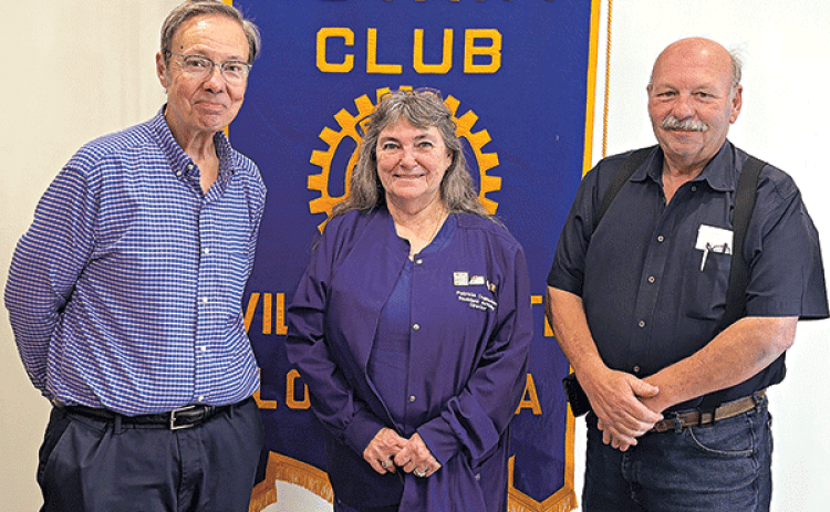From left are KVPI General Manager Mark Layne, Heritage Manor activity director and Rotarian Pat Duplechin, and Rotary President Bob Manuel. (Ville Platte Gazette photo by Tony Marks)