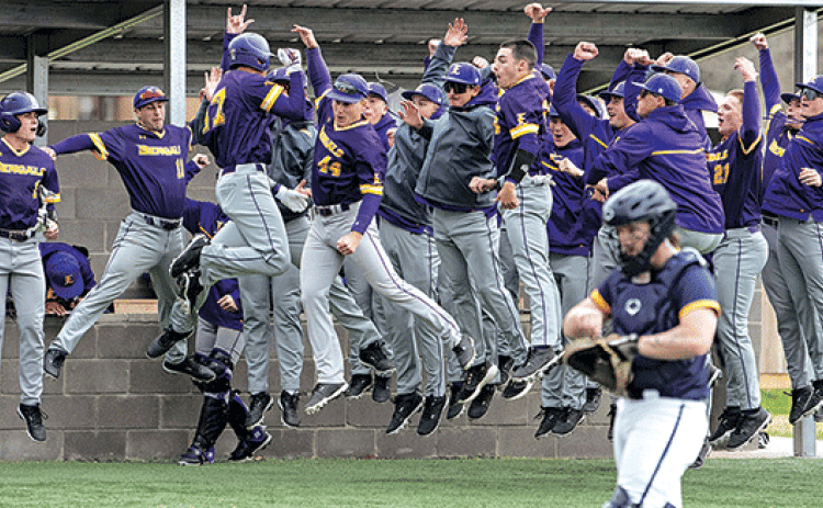 LSUE Baseball celebrates a solo home run by Cash Riley (17) in the second game of its doubleheader with SAU Tech on Saturday in Crowley. (LSUE photo)