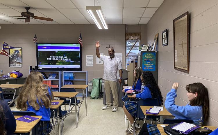 Chad Jones, institutional liaison officer at Louisiana State University Eunice, visited St. Edmund High School juniors recently