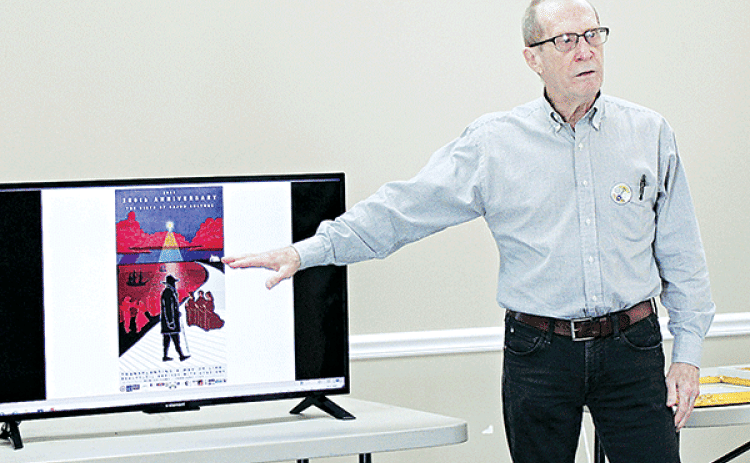 Warren Perrin, guest speaker for a recent meeting of the French Table of Rayne, explains The New Acadia Project, dedicated to the identification, investigation and preservation of the original home sites and final resting places of Acadians who began what is known today as Acadiana. (Photo by Lisa Soileaux/Rayne Acadian-Tribune)