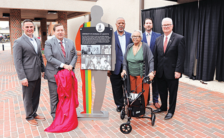 Photo 1: A new Louisiana Civil Rights Trail marker is unveiled on the University of Louisiana at Lafayette campus recognizing the Pillars of Progress. Pictured left to right are Lafayette Mayor-President Josh Guillory, Lieutenant Governor Billy Nungesser, State Senator Gerald Boudreaux, Joyce Constantine Henson (sister of Clara Dell Constantine), Lafayette Travel President & CEO Ben Berthelot, and University of Louisiana at Lafayette President Dr. Joseph Savoie. (Photo credit: Office of Lieutenant Governor