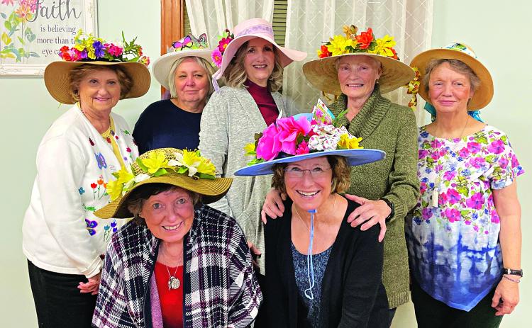 During the February meeting of the Bulb & Blossom Garden Club, members expressed their yearning for spring by adorning hats of various shapes and sizes with assorted flowers and butterflies. Members modeling their creations, front from left, are Lynn Pavich and Celeste Gomez. In the back, from left, are Joyce Johnson, Fran Guillory, Martha Guempel, Barbara Wells and Erin Jones. The club’s  next meeting is set for March 5.  (Submitted photo)