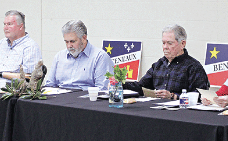 Leading discussions and planning for the planning meeting/working breakfast held by Louisiane Acadie, Inc., on Feb. 29, at the Mural Room of the Rayne Civic Center Complex were, from left, John Broussard, Randy Menard, Michael Vincent and Gayle Breaux Smith. (Rayne Acadian-Tribune photo by Lisa Soileaux)