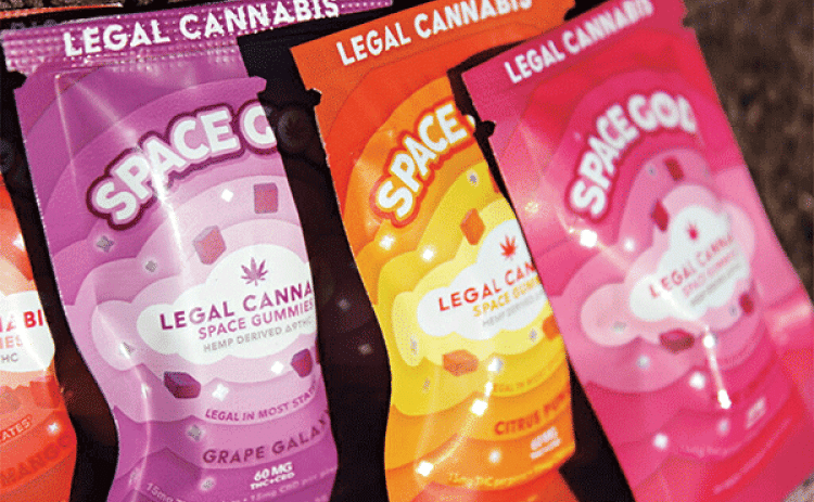 Hemp gummies purchased at a smoke shop in East Baton Rouge Parish on March 5, are currently in a legal gray area because they contain a total of 30 milligrams of THC per package. (Photo by Wes Muller/Louisiana Illuminator)