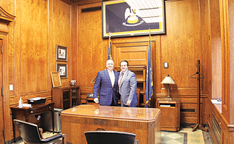 State Rep. Phillip DeVillier, right, is in the House Speaker’s office with outgoing speaker Clay Schexnayder on Jan. 8. The photo was taken before DeVillier took his oath as House Speaker. On Monday, DeVillier will preside over his first regular session as Speaker. He has presided over two special sessions. (Photo by Harlan Kirgan)