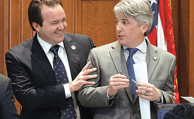 House Speaker Phillip DeVillier, R-Eunice, left, jokes with President of the Senate Cameron Henry, R-Metairie, on opening day of the regular legislative session, Monday, at the Louisiana State Capitol in Baton Rouge. (Photos by Hilary Scheinuk/The Advocate Pool)
