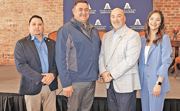 The Acadia Parish Chamber of Commerce and Economic Development hosted its annual State of the Parish luncheon on March 6. From left, are speakers Beau Petitjean, Acadia Parish Police Jury president, Delo Hebert, Acadia Parish School Board president, and Acadia Parish Sheriff K.P. Gibson with Acadia Parish Chamber of Commerce and Economic Development CEO Elizabeth Miller. (Photo by Claudette Olivier/The Crowley Post-Signal)