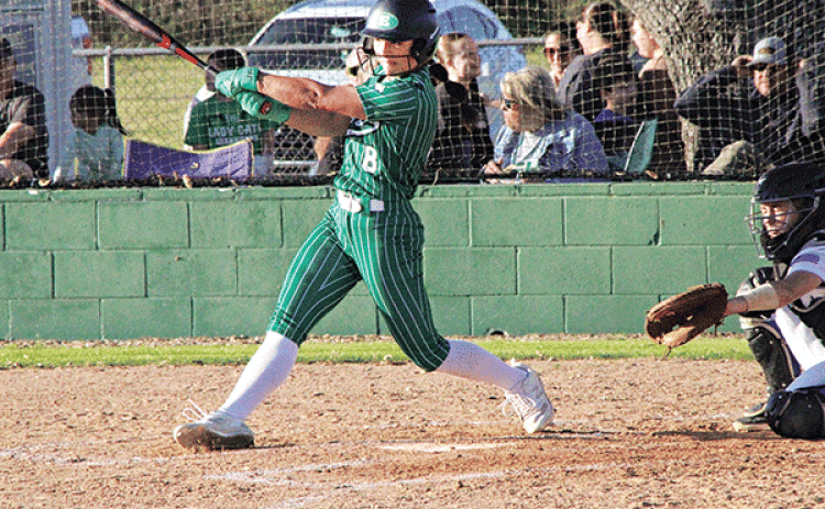 Senior first baseman Brooklyn Darbonne takes a swing at a pitch. Darbonne has been a vital part of Eunice’s potent lineup this season.