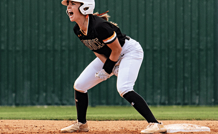Kate Rills celebrates a two-run double during action against Tyler JC on Wednesday. (LSUE photo)