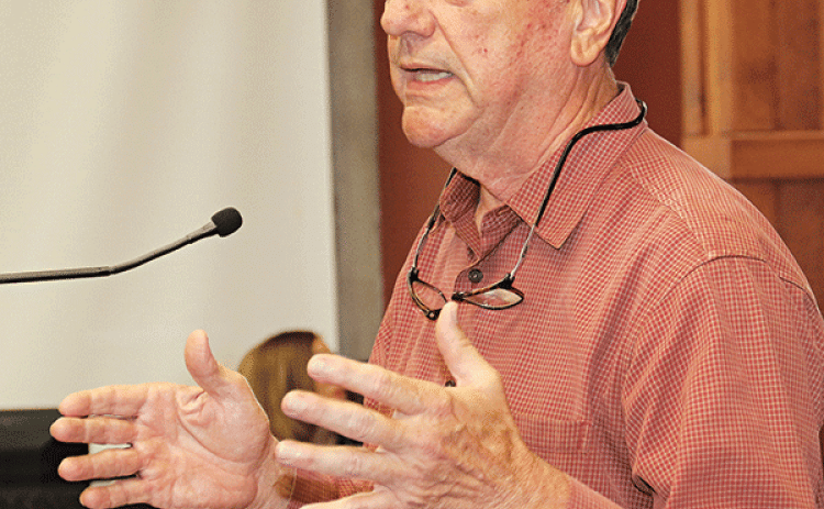 Tommy DeJean, an Opelousas attorney representing the Sons of Confederate Veterans, explains the status of moving a Confederate monument off the St. Landry Parish courthouse grounds at Wednesday’s Parish Council meeting in Opelousas. (Photo by Harlan Kirgan)