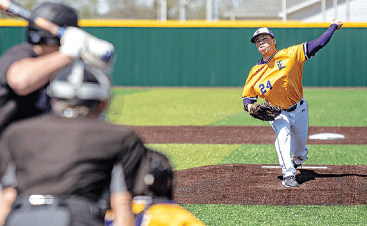 McCray Jacobs makes a pitch during Sunday’s win vs. North Iowa Area CC. (LSUE photo)