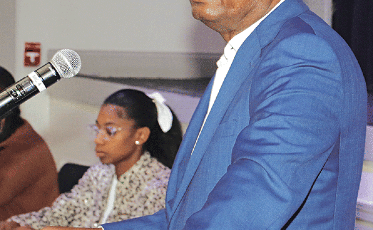 Rep. Cleo Fields conducted a town hall meeting at the Delta Grand Theatre in Opelousas on Monday. (Photo by Harlan Kirgan)