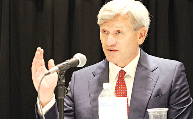 Incoming Louisiana Insurance Commissioner Tim Temple speaks at the Public Affairs Research Council of Louisiana candidate’s forum April 27, 2023, at the Crowne Plaza Hotel in Baton Rouge. (Greg LaRose/Louisiana Illuminator)