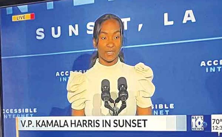 Eunice High School sophomore Josi Lemelle, daughter of Chad and Fran Lemelle, of Eunice, is shown in a screenshot from KLFY TV as she introduces Vice President Kamala Harris on Monday in Sunset.
