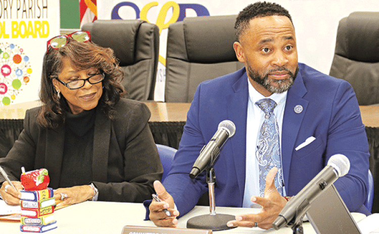 From left, St. Landry Parish School Board President Joyce Haynes and Courtney Joiner, Board attorney, during the Executive Committee meeting on March 27. Joiner was discussing the procedure for hiring a new school superintendent. (Photo  by Harlan Kirgan)