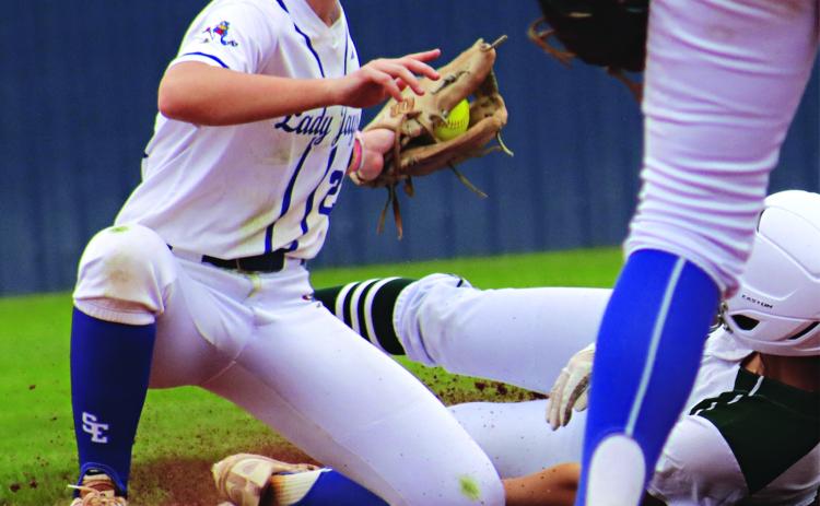 Caroline Lavergne makes an out at 2nd base against Point Coupee on March 27. (Photo by Amy Myers)
