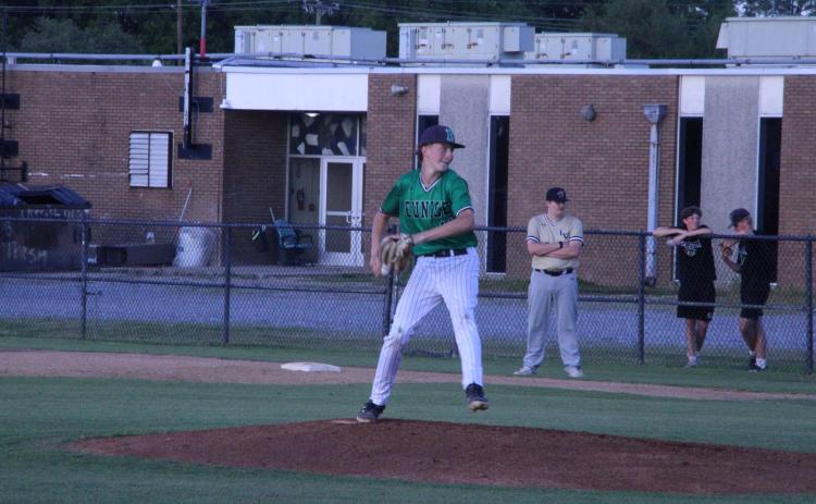 Eunice High pitcher Beau Brown fires a pitch during his no-hitter in an 11-0 win over Leesville on Tuesday in district play. (Photo by Rhett Manuel)