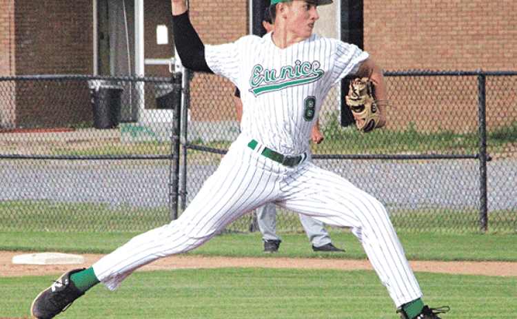 Junior pitcher Montana Brown fires a pitch in Eunice’s 11-0 shutout win over Leesville last Thursday. Brown threw a complete game and struck out six Wampus Cat hitters. (Photo by Rhett Manuel)