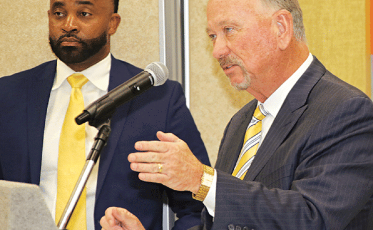 St. Landry Parish School Board attorneys, from left, Courtney Joiner and Bob Hammond at an April 12 meeting. (Photo by Harlan Kirgan)