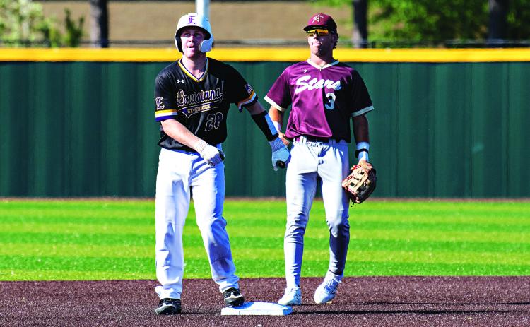Seven different pitchers to take an 11-5 decision over South Arkansas on Tuesday at Bengal Stadium. Above LSUE’s Clapinkski’s double. (Photo submitted)