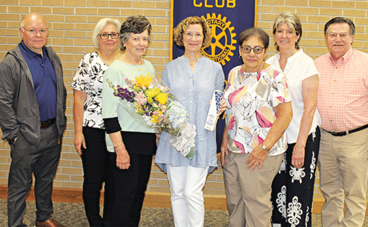 Celeste Gomez is the 2024 Citizen of the Year, presented by the Eunice Rotary Club. Rotarians accept nominations every year for its Citizen of the Year. From left are Van Reed, Rotarian and chairman of Citizen of the Year; Fran Guillory, Lynn Pavich, Gomez; Donna Baltakis, Jean Johnson and Ellis Daigle, president of the Rotary Club. (Photo by Myra Miller)