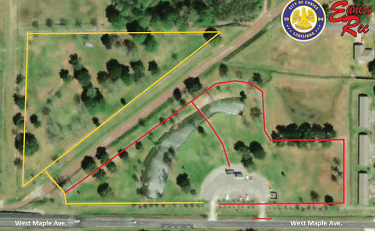 Construction on new and extended walking paths and adult fitness equipment at the Eunice Community Nature Trail and Park is scheduled to begin Monday. During the first phase of the work, the eastern driveway and part of the track — indicated in red — will be closed to the public. The path indicated by the yellow lines will be open for use. When the first phase is completed another map will be released according to Robert Johnson, city recreation director.  The city received a $400,000 grant from Love Louisi