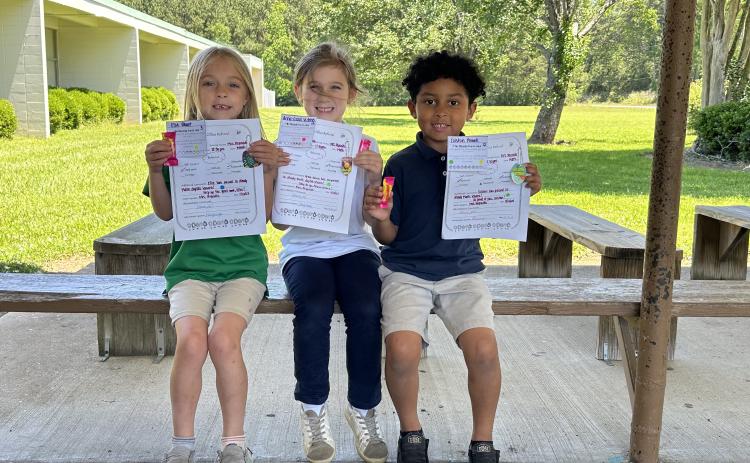Kindergarten students in Lauren Reynold’s class recently reached their iReady goal. From left, are Ellie Blount, Anna Grace Vidrine and Colsten Powell. (Submitted photo)