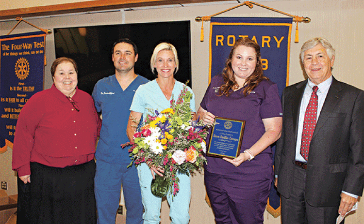 The Eunice Rotary Club sponsors an Administrative Professional each year, and the nominated and chosen recipient this year is Raven D. Lavergne, an administrative employee at Dr. Justin Elfert office in Eunice. From left, are Rotarian Pat Dossman, Dr. Justin Elfert, Jeanne Elfert, Lavergne, and Rotarian Jacque Pucheu. (Photo by Myra Miller)