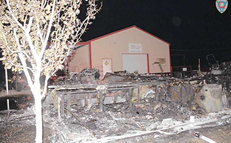 A State Fire Marshal photo shows the recreational vehicle destroyed by fire Monday on Atterbury Road south of Eunice. A 67-year-old man died in the fire.