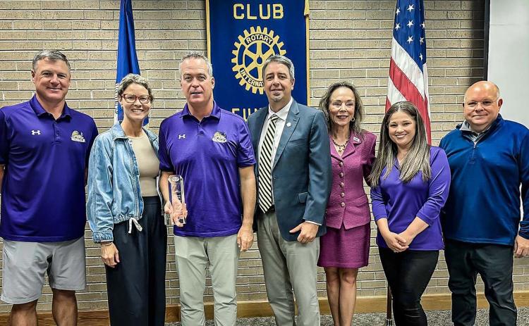 Jeff Willis, LSU Eunice Athletic Director and Head Baseball Coach is the 2025 Eunice Rotary Club Citizen of the Year. From left are Alan Orgain, LSUE Assistant baseball coach; Lindsey Willis, Willis, LSUE Vice Chancellor of Athletics and Head baseball coach; Scott Fontenot, Mayor; Nancee Sorenson, LSUE Chancellor; April Fontenot, LSUE Athletics Office manager; Van Reed, Rotary secretary and Director of  Emergency Preparedness & PIO. (Photo by Dwight Jodon)