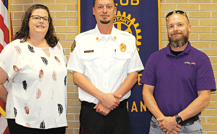Eunice Fire Chief Chaise Brown was the guest speaker Wednesday at the Eunice Rotary Club meeting. From left are Erika Fontenot, Rotary Club president-elect; Brown; and Greg “Stormy” Soileau, a Rotarian. Brown was the guest of Soileau. (Photo by Myra Miller)