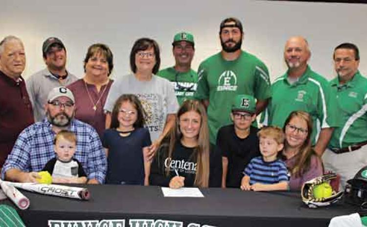 Eunice High senior Sophie Vidrine signed a letter of intent on Thursday with Centenary College of Louisiana, Shreveport, to play softball. Vidrine, a shortstop, with Eunice High Lady Cats, received an athletic and academic scholarship from the college to play softball. Vidrine has been playing softball since the age of 4, and said she is looking forward to continuing to play ball and concentrate on her studies. Vidrine said that her biggest supporters and influence during her softball career were her mom an