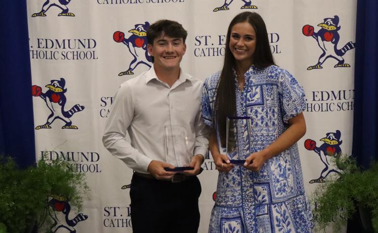 St. Edmund High students Lannie Reed and Aubrie LeJeune received the “Tom Dodge Christian Character Award.” (Photo by Amy Myers)