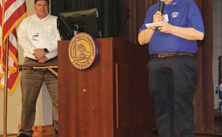 Darrel Miller, right, St. Landry Parish Veterans Service Officer, and Michael Jordan, Evangeline Parish Veterans Service Officer, were among the speakers at Saturday’s Vet Fest at LSU Eunice. (Photos by Harlan Kirgan)