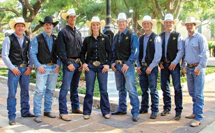 Seven members of McNeese’s rodeo team have qualified for the College National Finals Rodeo. From left to right: Isaac Richard, Waylon Bourgeois, Gavin Soileau, Kamryn Duncan, Kade Sonnier, Ryder Sanford, Shea Fournier and coach Justin Browning.
