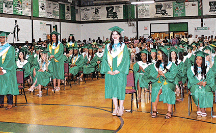Eunice High School honor graduates stand for recognition during the 2024 graduation ceremony. According to the Louisiana Department of Education Eunice High School had a 95% graduation rate in 2022-2023, which was the highest in St. Landry Parish. (Photo Myra Miller)