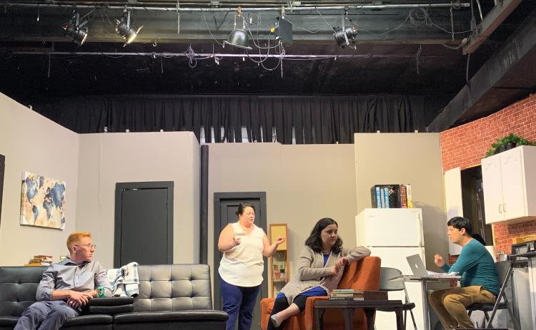 The cast rehearsing for Eunice Players’ Theatre’s “Aboveboard,” are from left Reed Rougeau, April Miller, Kristi Burleigh and Gabe Ortego. Not pictured are  Nathaniel Clark and Gabrielle Reed. (Submitted photo)