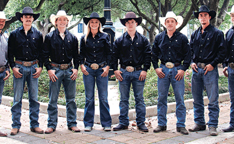 McNeese Rodeo team members going to the College National Finals Rodeo in Casper, Wyoming. From left, are Coach Justin Browning, Drew Bordelon, Caleb Miller, Kamryn Duncan, Kash Martin, Isaac Richard, Jude Leonards and Kash Krogman. Not pictured is Brad Hesnor. (Submitted photo)