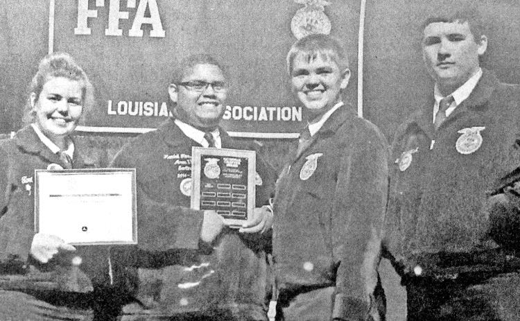 Eunice High’s FFA Chapter racked up during the annual FFA State Convention held in Monroe. Tori Cormier, left, Kendall Fontenot, Cameron Fontenot, and Lane Thibodeaux received the Bronze Emblem and Superior Status in the National FFA Chapter Award.