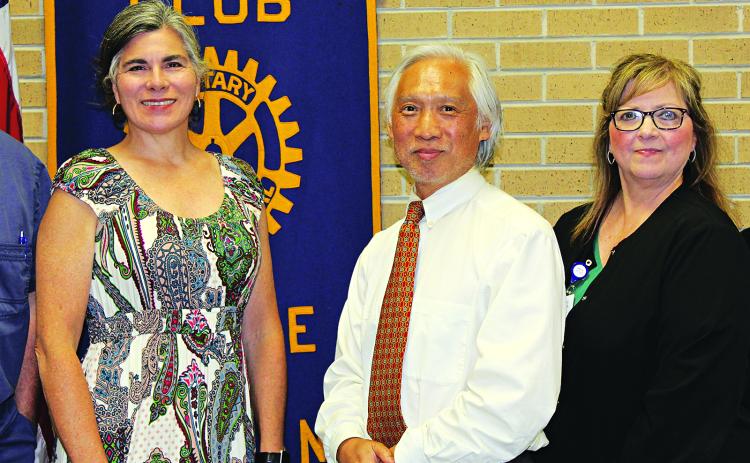 Eunice Rotary Club speakers Wednesday, and guest of Elizabeth Bergeron a Rotorian, were Angela Fontenot, director of marketing at Savoy Cancer Center, Dr. Paul Zhang and Connie Brignac, RN, Oncology manager. (Photo by Myra Miller)
