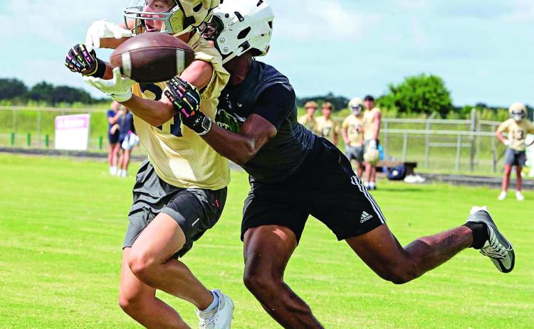 A Eunice High defender makes a move to defend a pass during Eunice High’s 7-on-7 scrimmage with Sacred Heart on Wednesday. The 7-on-7 format typically involves 20-minute games where teams only are allowed to pass but aren’t allowed to pass rush. It’s meant to give wide receivers, quarterbacks and defensive backs more extensive reps. (Photos by Dwight Jodon)
