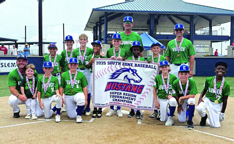 The Eunice Recreation 10u All Stars team are the Mustang Super Regional Champs. The team won the tournament the weekend of June 27 in Youngsville. They move onto the Zone tournament July 16-19 in Scott. The World Series would be their next round if they win the Zone tournament. In front, from left, are, Coach Garrett Daville, Slade Daville, Thomas Andrus, Jay Douglas Miller, Gabriel Frye, Tripp Duplechin, and Avan Ceasar. In back, from left, are, Wesley Rozas, Baylor Brown, Eli Daville, Leo Sam, Winston Gui