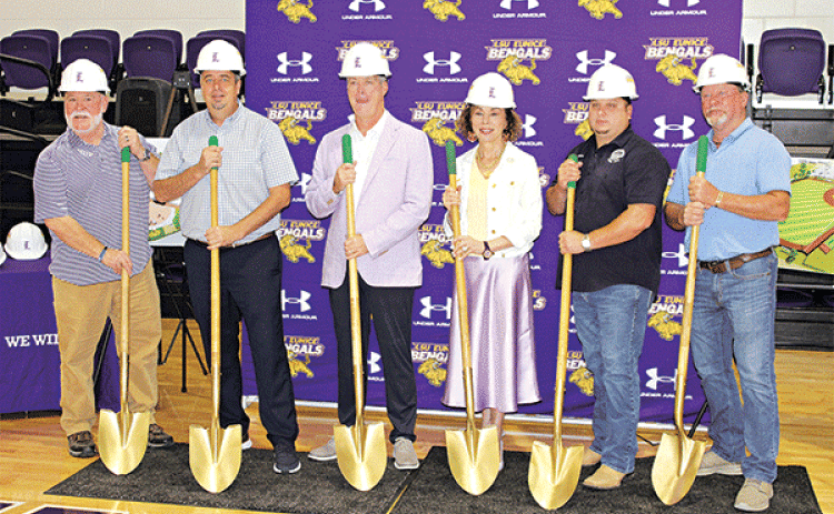 The new Bengal Stadium was celebrated on Friday with indoor groundbreaking. From left, are Marion “Nootsie” Sattler, Eunice City Council alderman at-large; Scott Fontenot, City of Eunice mayor; Jeff Willis, LSU Eunice athletic director; Dr. Nancee Sorenson, LSU Eunice chancellor; Beau Petitjean, Acadia Parish Police Jury; and Jeffery Morgan, Acadia Parish Police Jury. (Photos by Rhett Manuel)