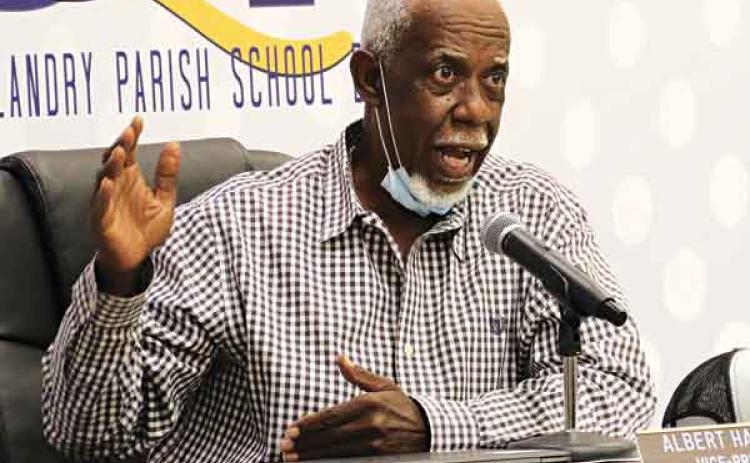 St. Landry Parish School Board member Albert Hayes Jr., of Eunice, makes a point about the need for vaccines and face masks to combat the delta strain of COVID-19 at the Board’s meeting Thursday in Opelousas. The School Board voted to require all students to wear face masks indoor. (Photo by Harlan Kirgan)