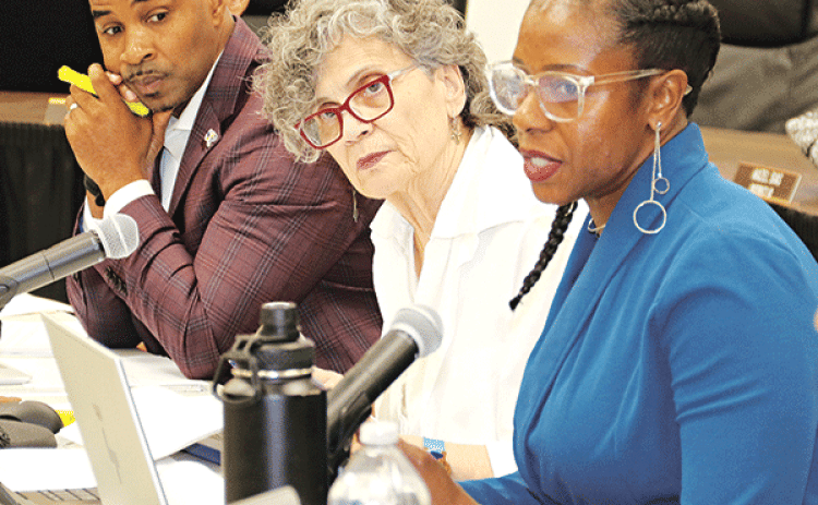 The St. Landry Parish School Board began reviewing its 2023-24 budget at a Committee of the Whole meeting on Wednesday in Opelousas. From left, are Milton Batiste III, superintendent, Mary Ellen Donatto, Board vice president, and Shaun Grantham, finance director. (Photo by Harlan Kirgan)