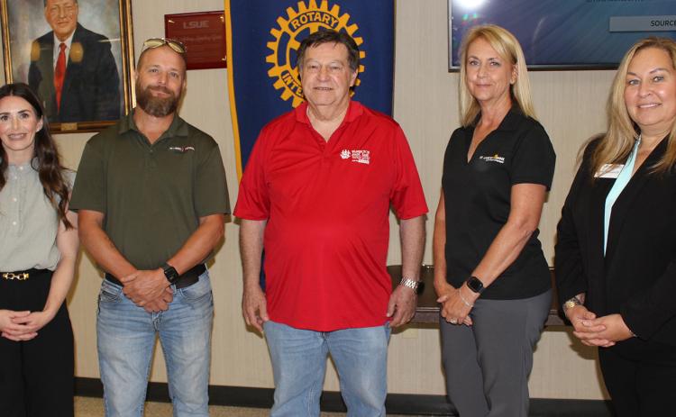 New Rotary Club members were recognized at the club’s meeting on Wednesday. From left, are Amber Vidrine, Greg “Stormy” Soileau, Rotary Club President Ellis Daigle, Debbie Kreswell and Jessica Vondenstein. (Photo by Myra Miller)