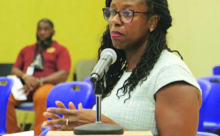 Shaun Grantham, St. Landry Parish School Board chief financial officer, explains budget details during a Committee of the Whole meeting in Opelousas on Thursday. The committee approved the budget to move to the full Board meeting on Sept. 4. (Photo by Harlan Kirgan)